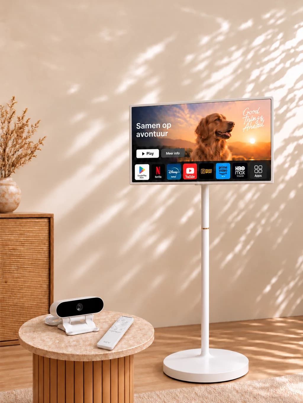 IQV Smart Display op een verrijdbare standaard in een warme woonkamer, met afstandsbediening en webcam op de salontafel