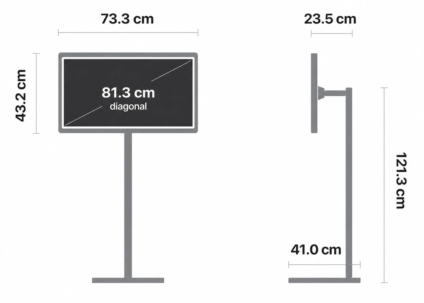 IQV Smart Display – Afmetingen: Scherm 73,3 × 43,2 cm, Diagonaal 81,3 cm (32 inch), Totale hoogte 121,3 cm, Diepte 23,5 cm, Voet Ø 41 cm